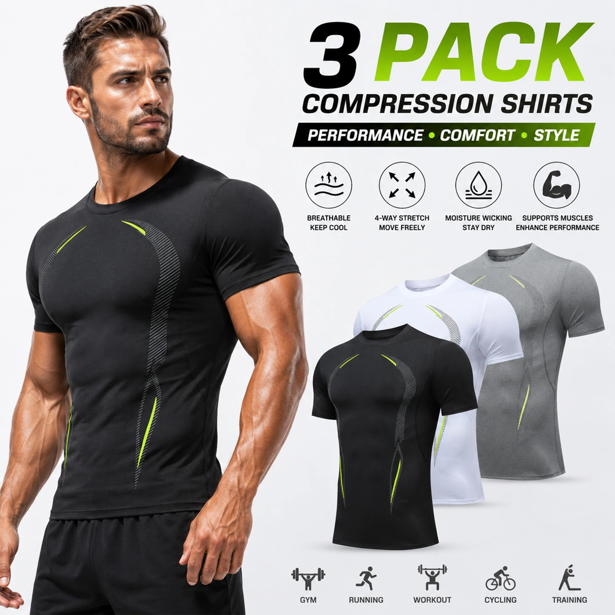 3-Pack Men's Compression Shirts Short Sleeve - Image 2